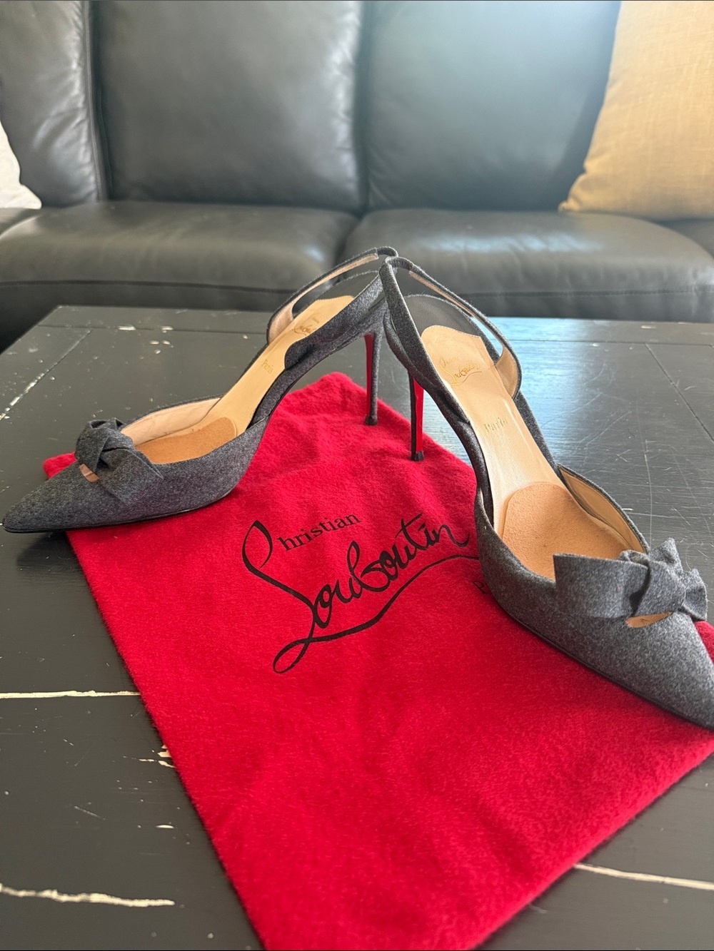 Christian Louboutin Gray Pointed Slingback Heels with sole protection!